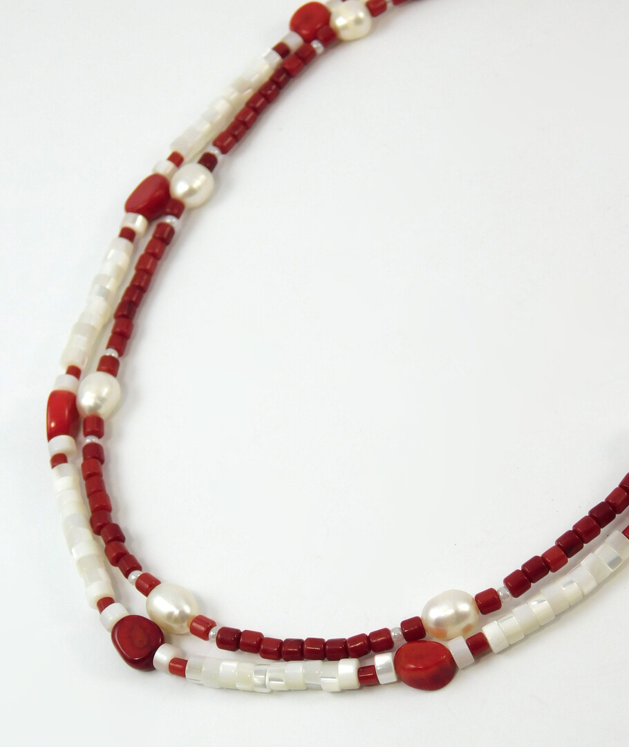 Necklace "Saturn" Pearls, coral, mother-of-pearl