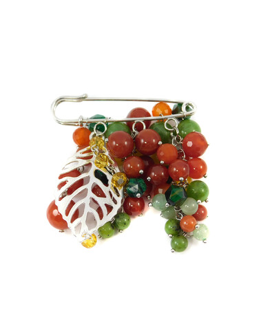 Brooch "Grape" Jade, Carnelian, Cat's eye, Tiger's eye