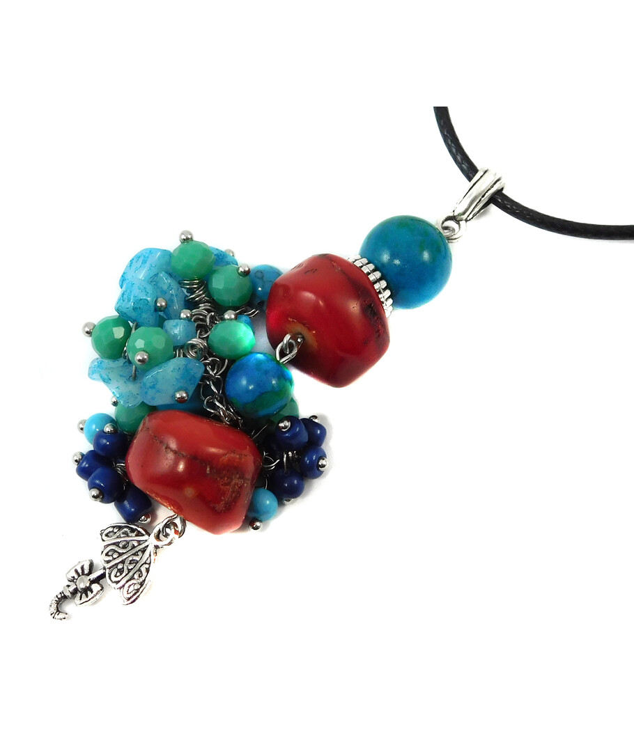 Exclusive pendant Coral, Chrysocolla, Turquoise, Aquamarine