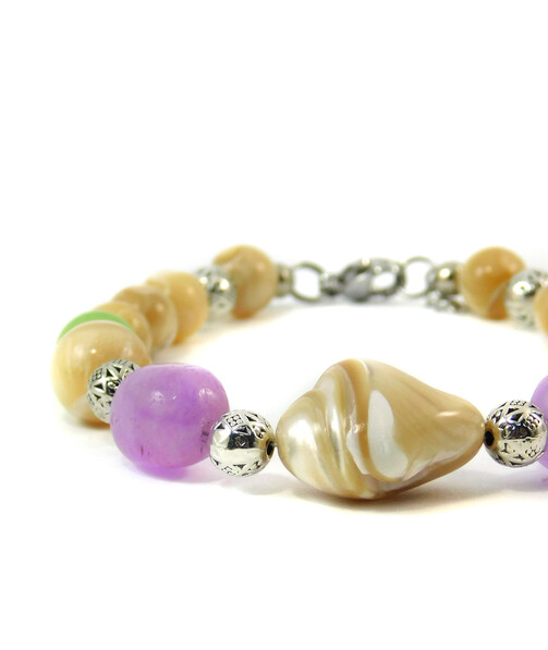 Bracelet "Spring watercolor" Mother of pearl, Onyx, Amethyst