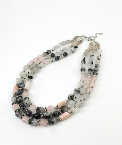 Necklace "Magic of Mists" Rutile Quartz, Rose Quartz, Opal