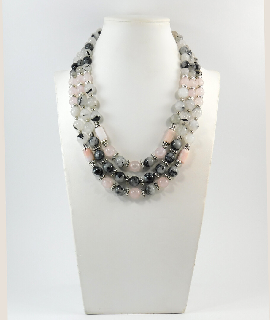 Necklace "Magic of Mists" Rutile Quartz, Rose Quartz, Opal