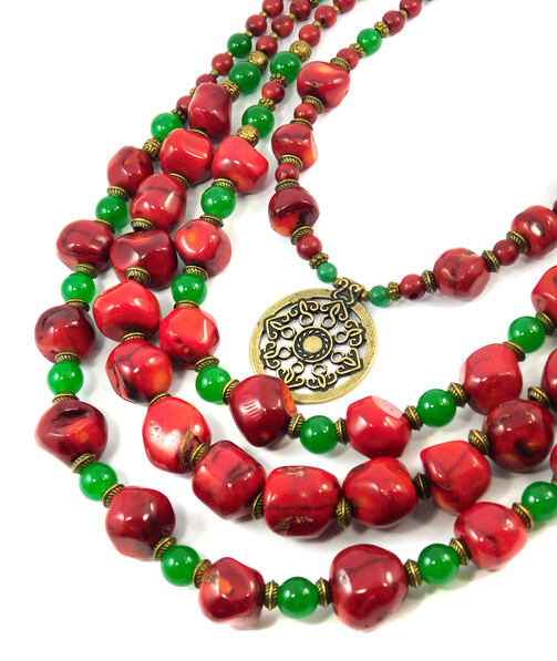 Necklace "Poppy Fields" Coral, Chrysoprase