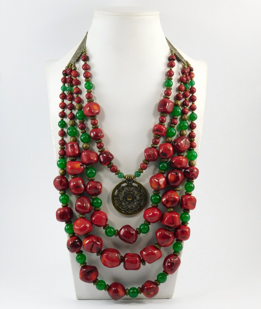 Necklace "Poppy Fields" Coral, Chrysoprase