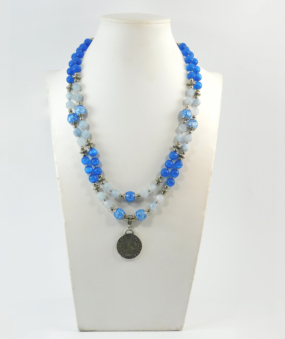 Necklace "Hyacinth" Aquamarine, Cat's eye, Sugar quartz