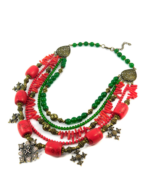 Necklace "Spruce" Coral, Coral press, Chrysoprase