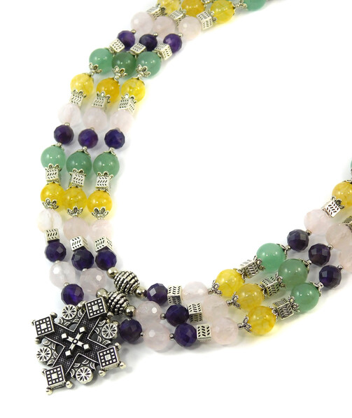 Necklace "Hutsul Motifs" Citrine, Rose Quartz, Amethyst, Jade