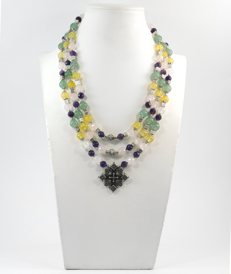 Necklace "Hutsul Motifs" Citrine, Rose Quartz, Amethyst, Jade