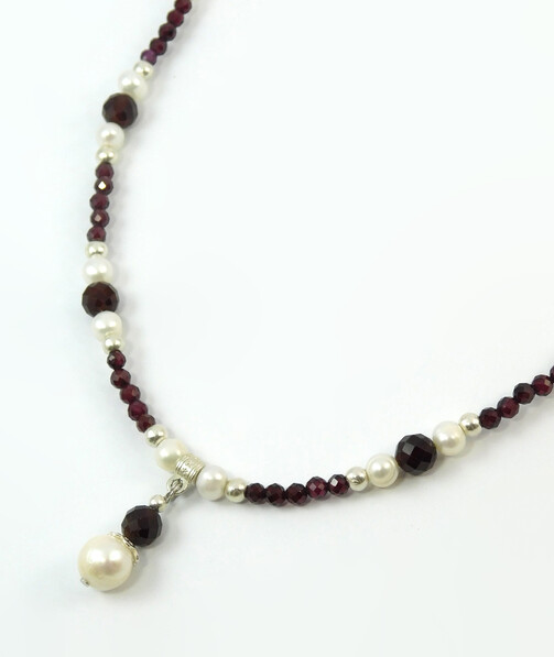 Necklace "Magnetism" Pearls, Garnet, silver