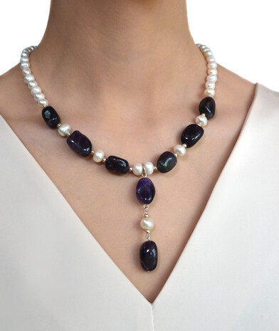 Necklace "Donatella" Amethyst, pearls, silver