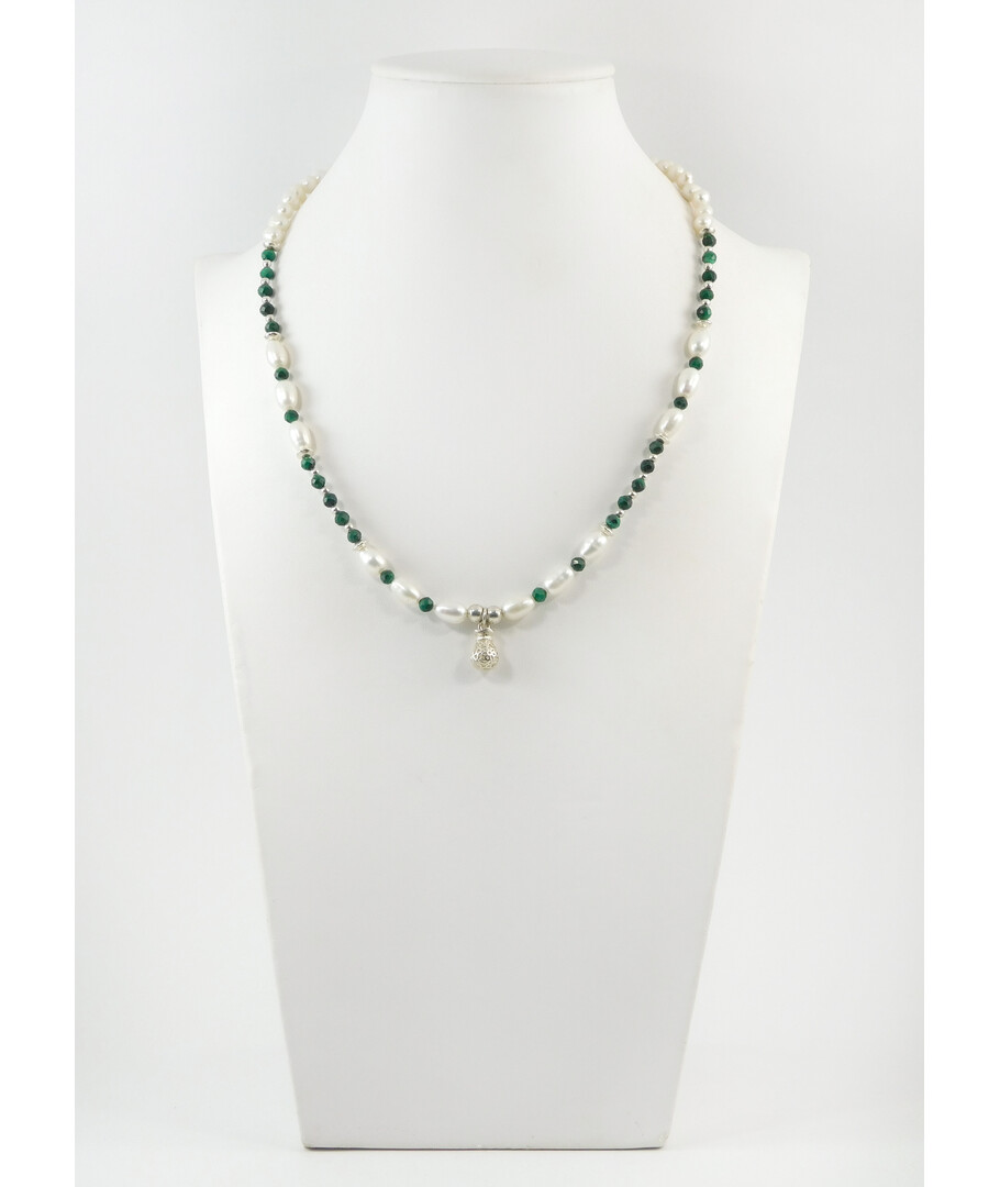 Necklace "Soprano" Malachite, Pearls, silver