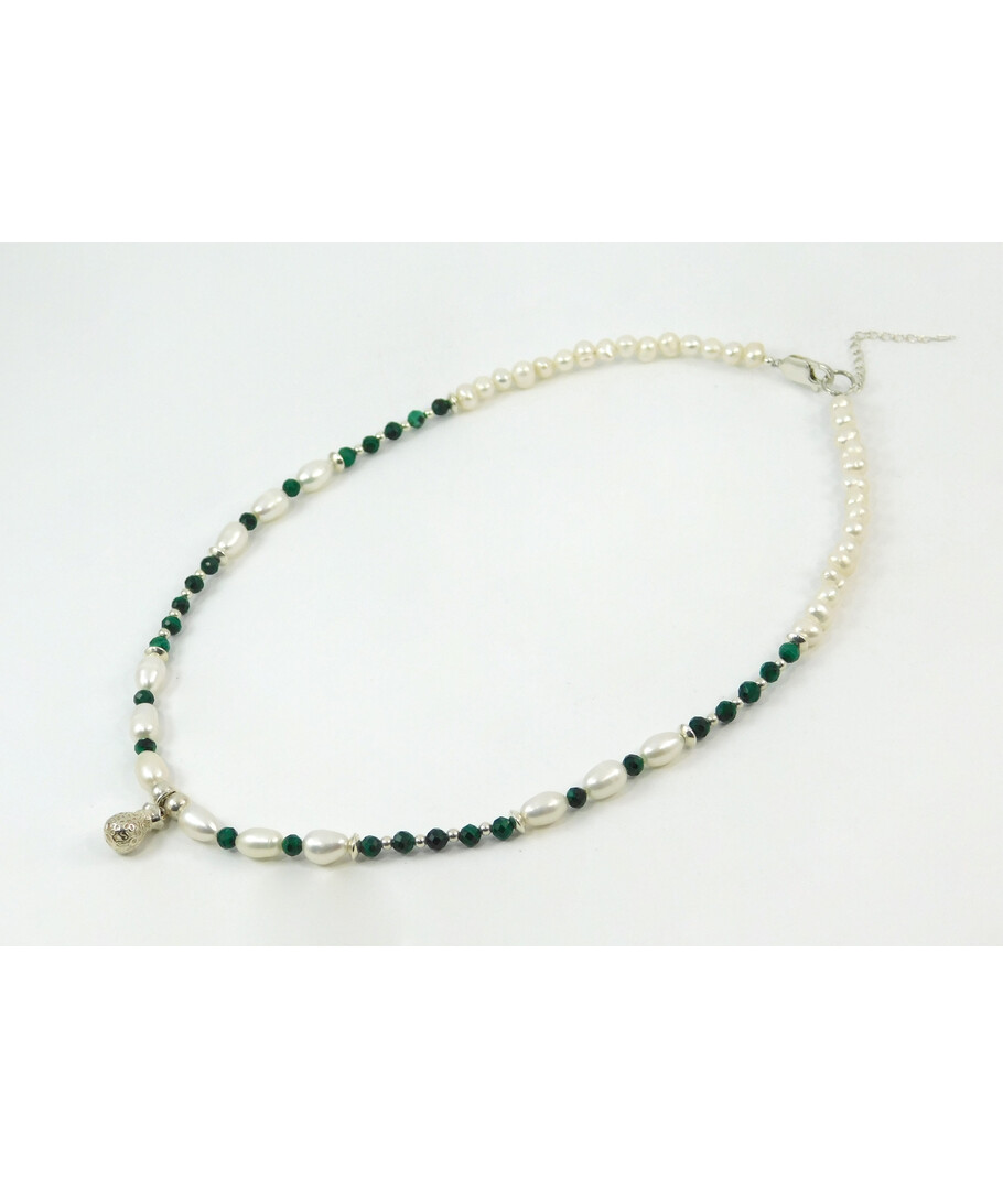 Necklace "Soprano" Malachite, Pearls, silver