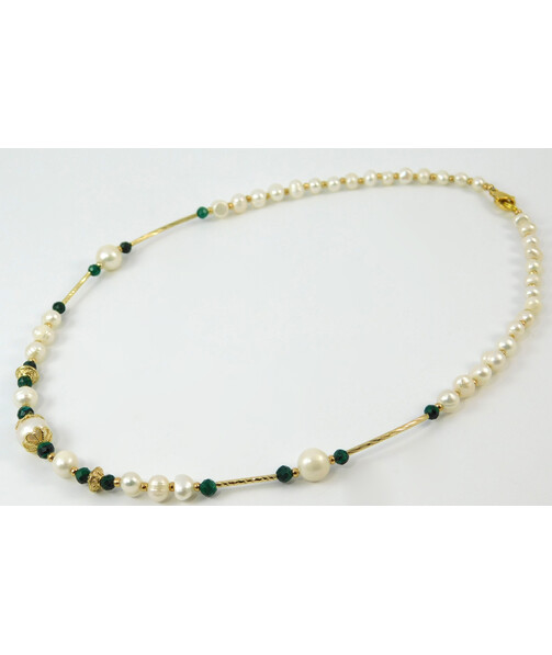 Necklace "Lia" Pearls, Malachite