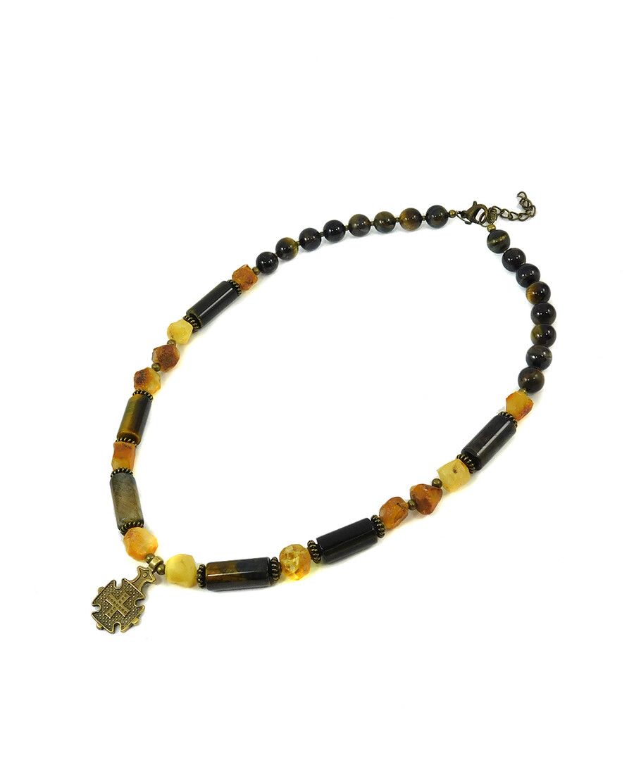 Necklace "Golden Waves" Amber, Hawk's Eye