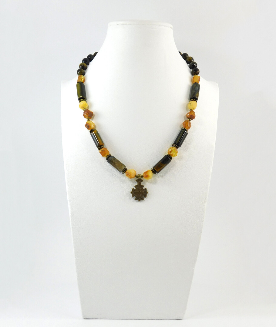 Necklace "Golden Waves" Amber, Hawk's Eye