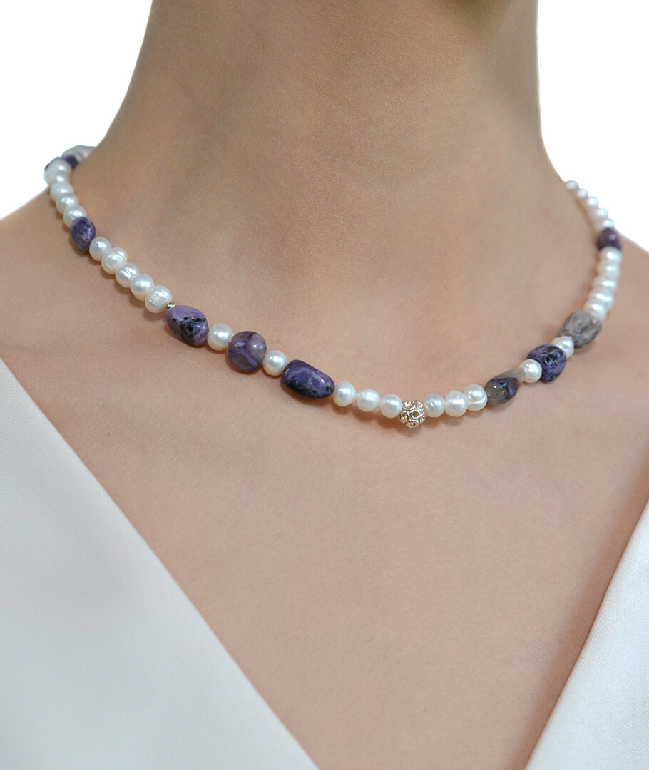 Necklace "Magic Weave" Pearls, Charoite, silver