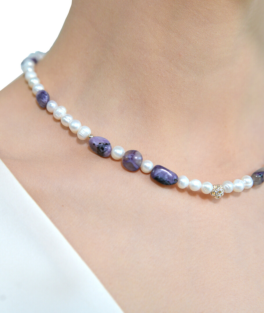 Necklace "Magic Weave" Pearls, Charoite, silver