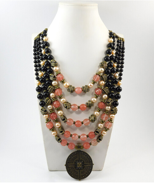 Necklace "Rose Riddle" Pearls, Agate, Chalcedony