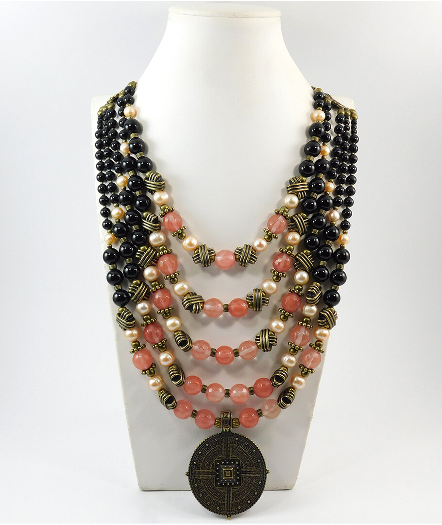 Necklace "Rose Riddle" Pearls, Agate, Chalcedony