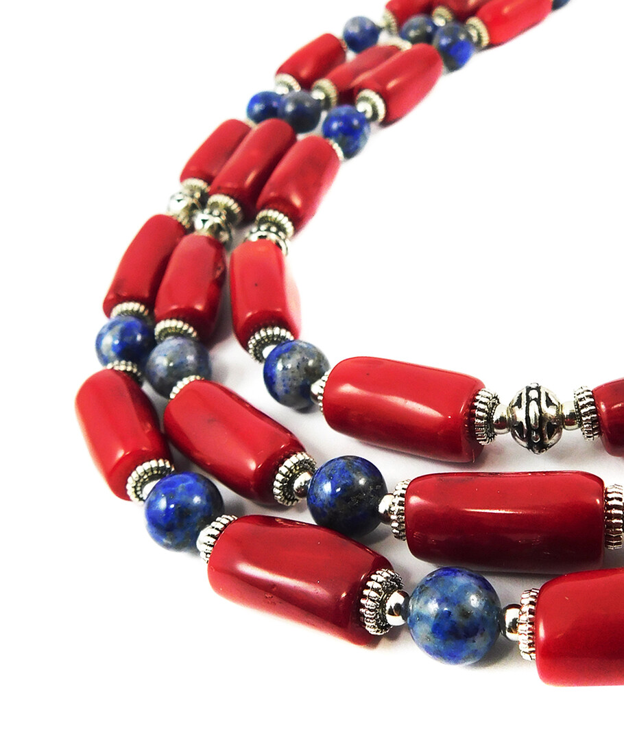 Exclusive necklace "Dawn Charms" Coral barrel, Lapis lazuli sphere