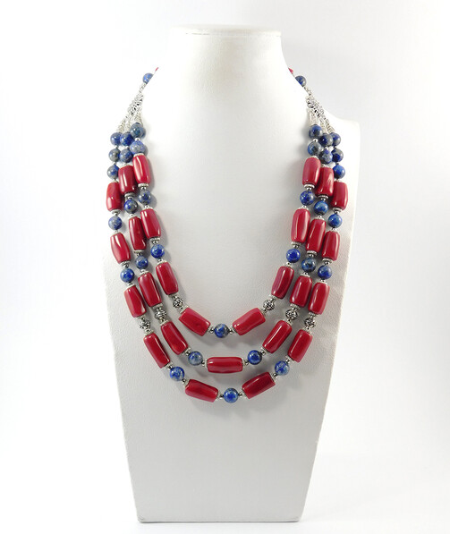 Exclusive necklace "Dawn Charms" Coral barrel, Lapis lazuli sphere